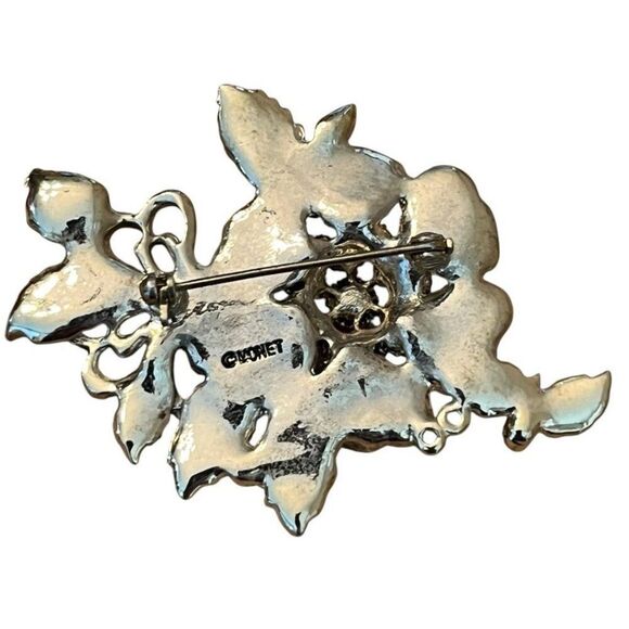 Monet Green Enamel White Faux Pearl Flower Gold Tone VTG Brooch Pin Signed - Picture 3 of 4